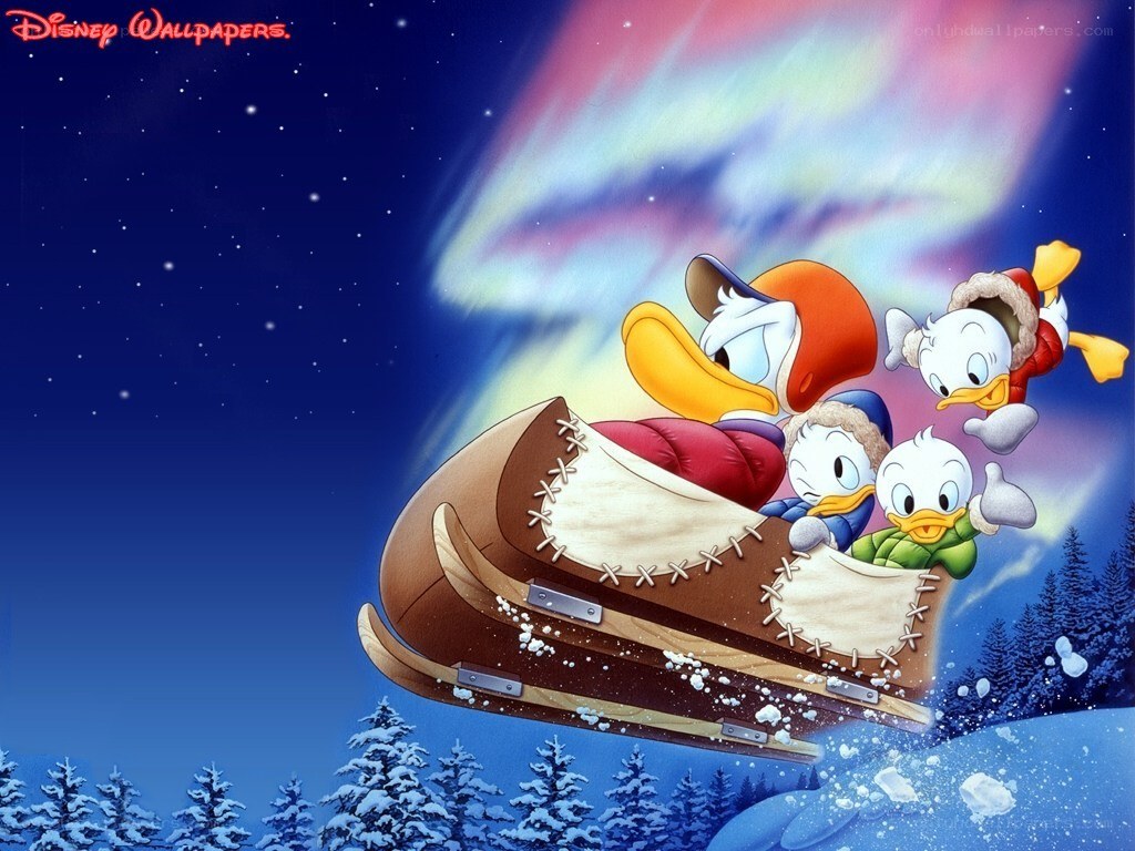 Donald Duck sledding with nephews