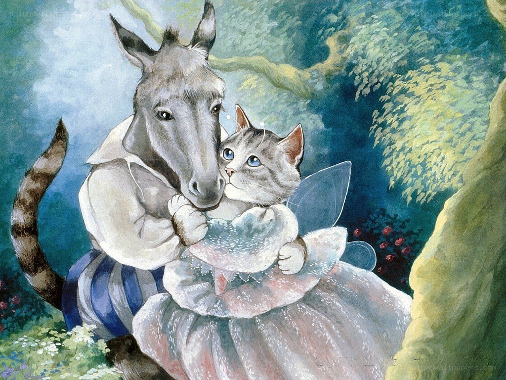 donkey and cat in garden