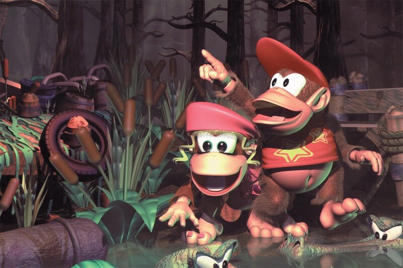 Donkey Kong and Diddy Kong in swamp