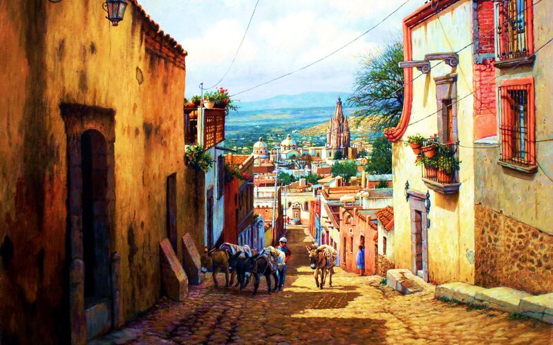 Donkeys on Cobblestone Street