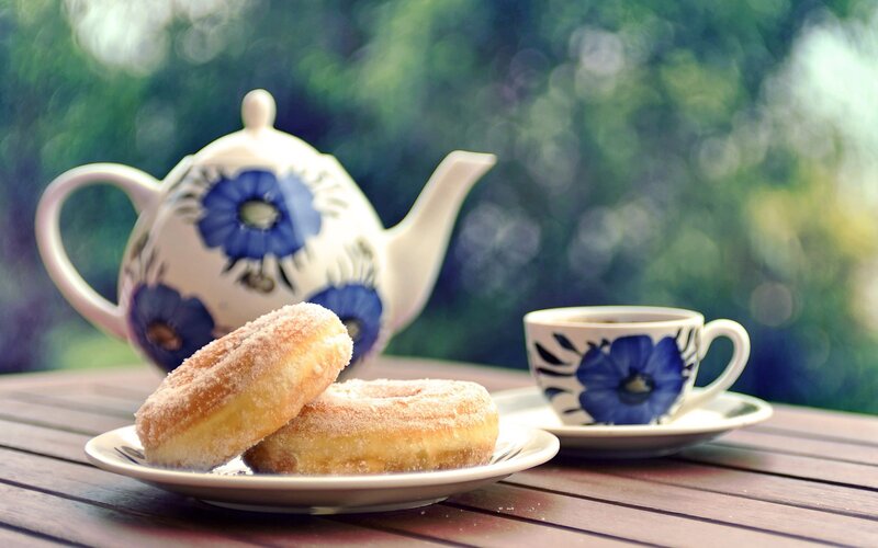 Donuts and Teapot on Table — Blue