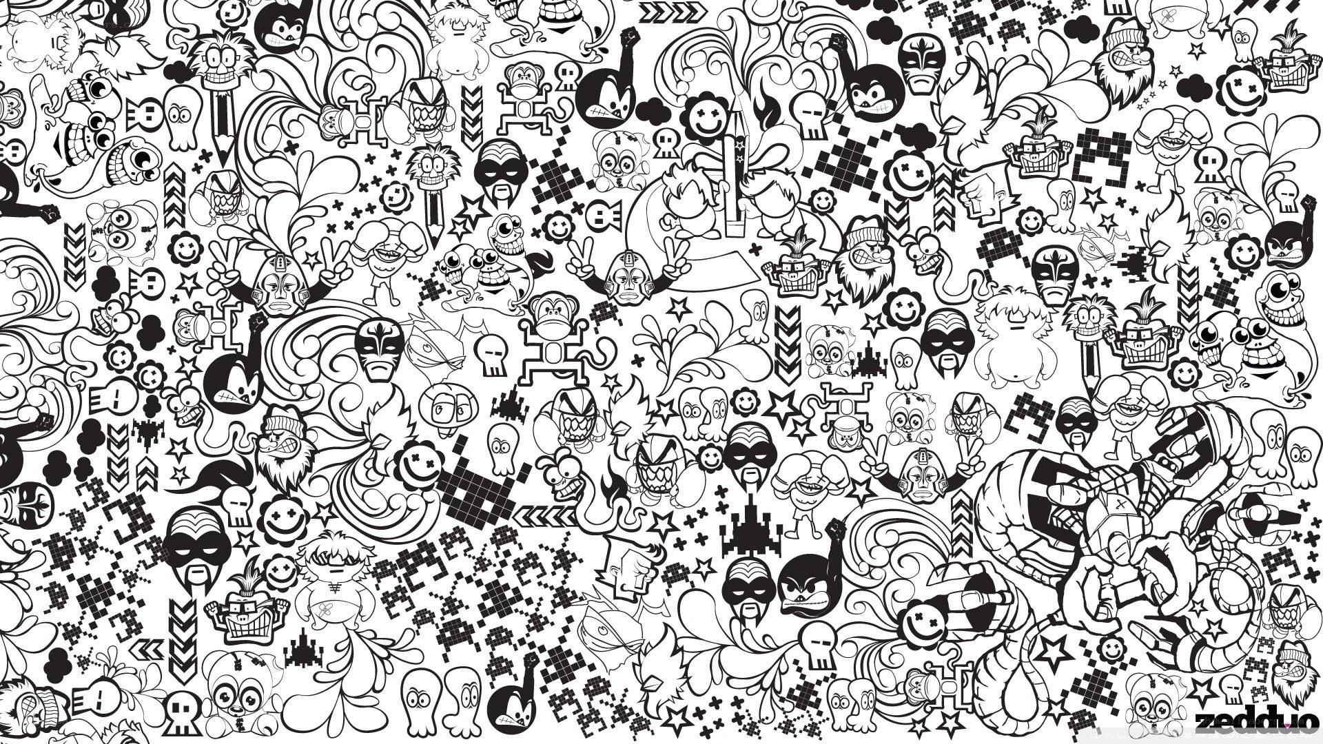 doodle art collage with cartoon characters