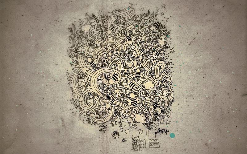 doodle art with bees and stars