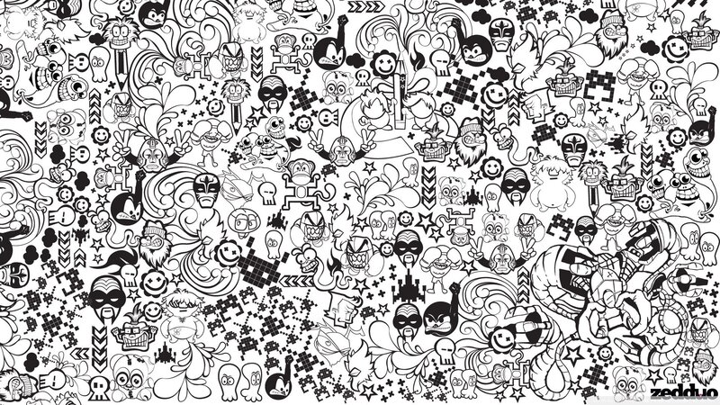 Doodle Collage of Cartoon Characters — Black