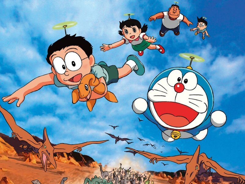 Doraemon and Friends Flying — Blue, Adventurous, Afternoon