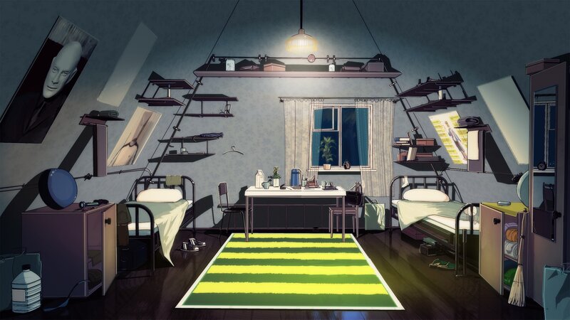 Dorm Room Interior — Green, Calm, Night