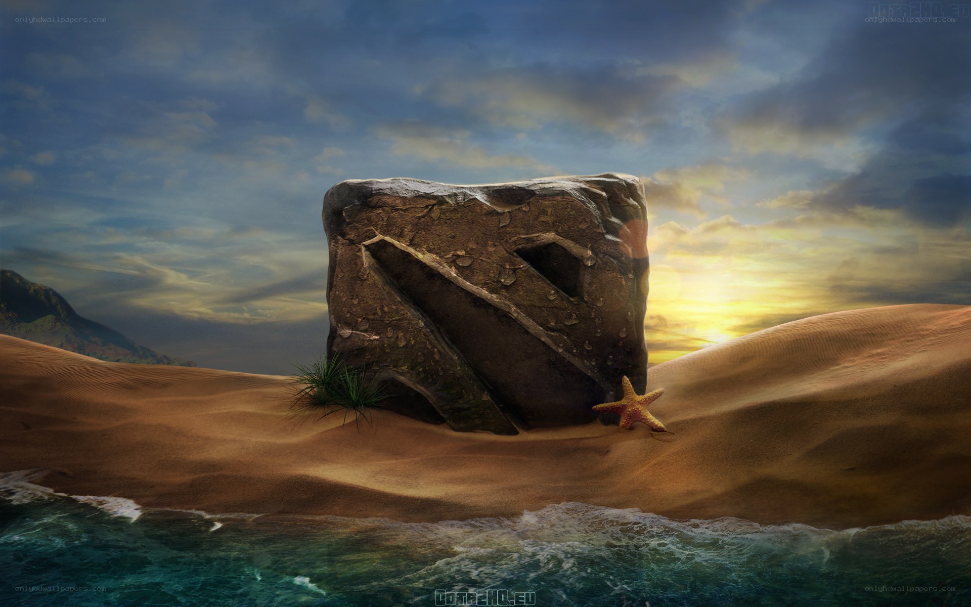 Dota 2 logo on a beach