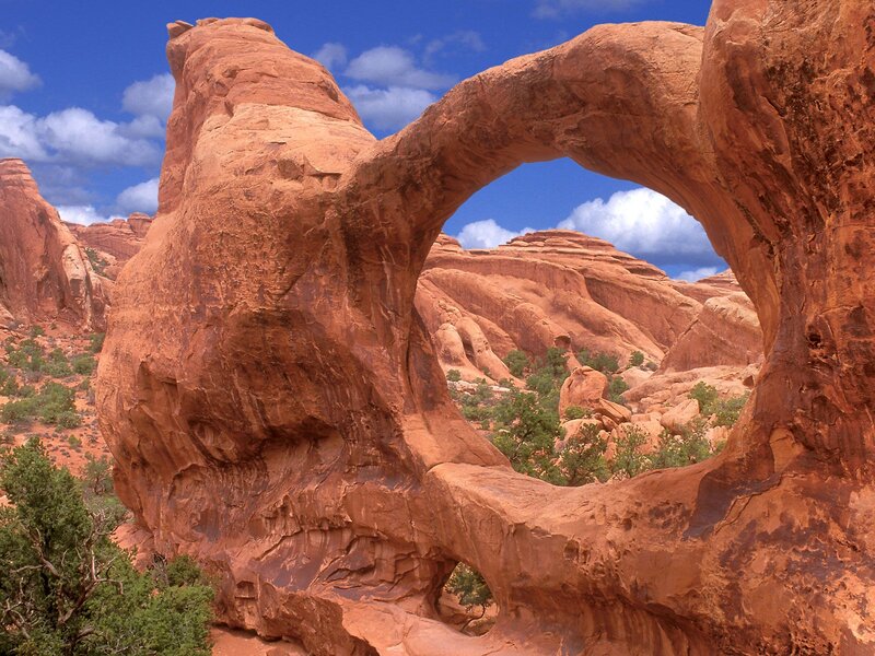 Double Arch Formation — Red, Dramatic, Afternoon, Photograph, Rock Formations, Blue Sky