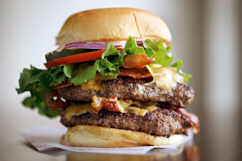 Double Cheeseburger — Brown, Appetizing, Photograph, Lettuce, Tomato, Onion, Green
