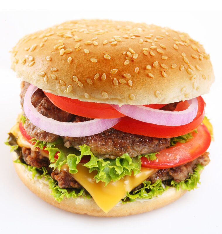 Double Cheeseburger — Brown, Neutral, Photograph, Lettuce, Tomato, Onion