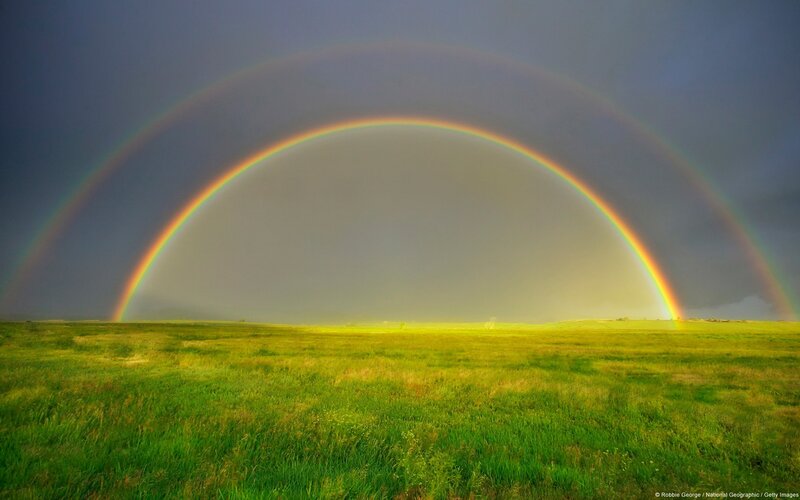 Double Rainbow over Field — Green, Dramatic, Afternoon, Photograph, Sky