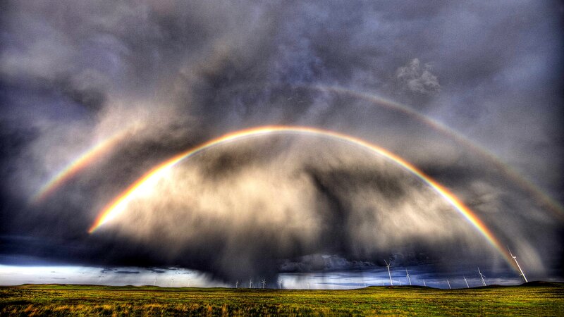 Double Rainbow over Field — Green, Dramatic, Afternoon, Photograph, Wind Turbines