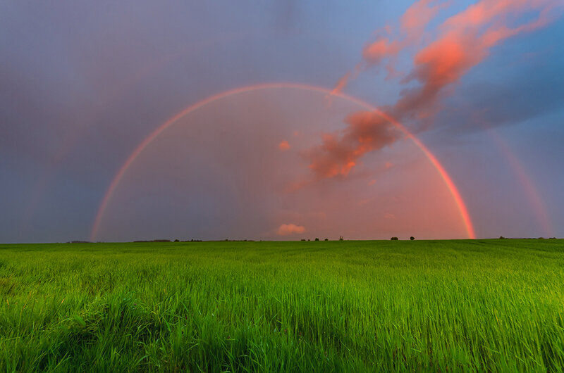 Double Rainbow over Field — Green, Dramatic, Sunset