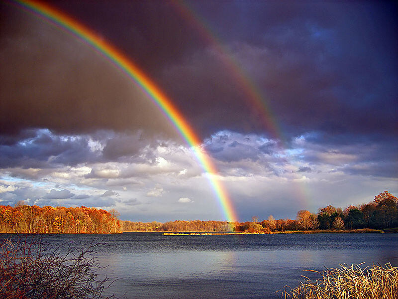Double Rainbow over Lake — Blue, Dramatic, Autumn, Photograph