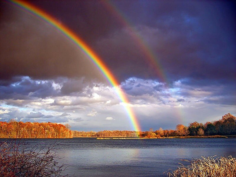 Double Rainbow over Lake — Blue, Dramatic, Autumn