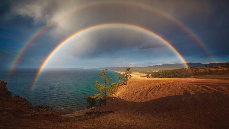 Double Rainbow over Lake — Blue, Dramatic