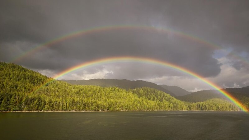 Double Rainbow over Lake — Green, Dramatic