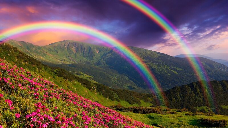 Double Rainbow over Mountains — Green, Dramatic