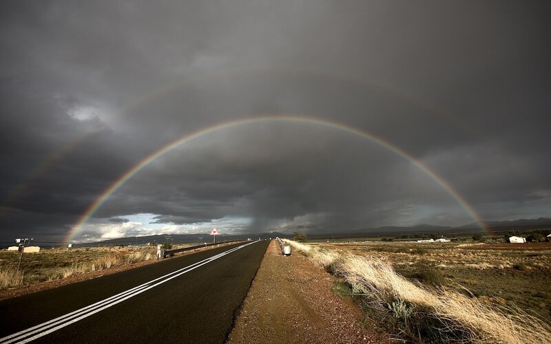 Double Rainbow over Road — Gray, Dramatic