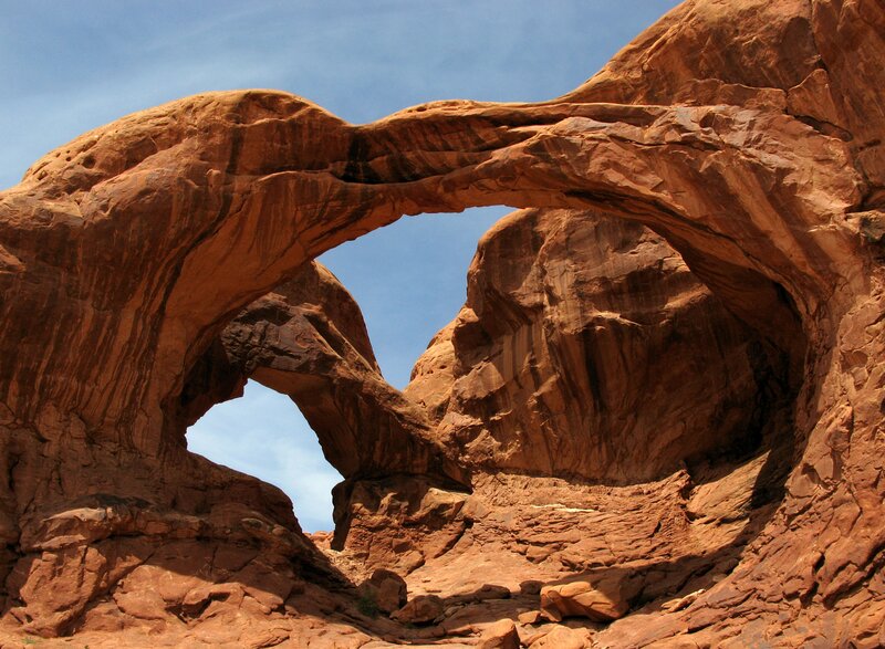 Double Rock Arch — Red, Dramatic, Afternoon, Photograph, Sky, Blue