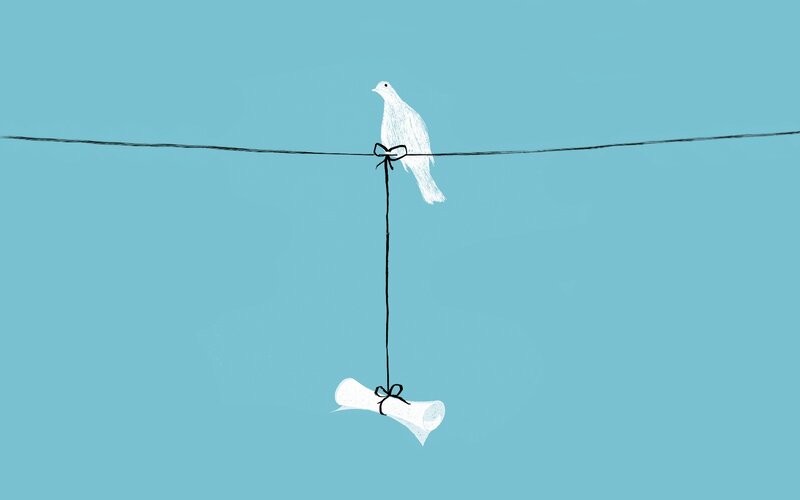 dove on a wire with scroll