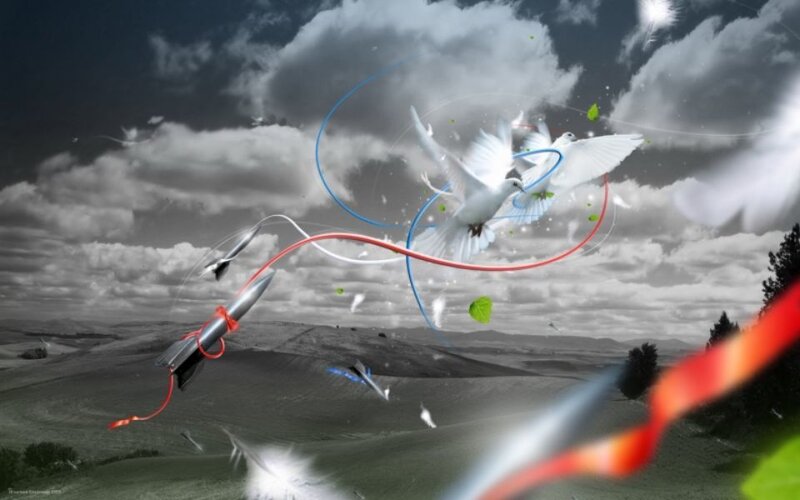 Doves and missiles in a stormy sky