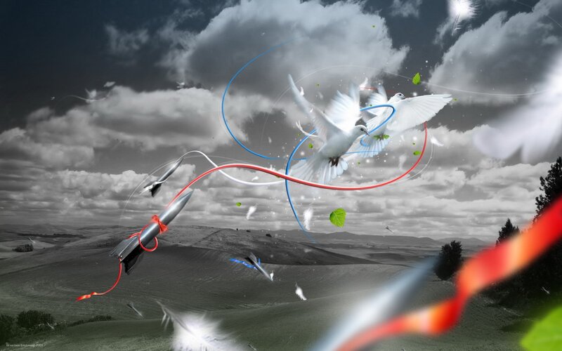 Doves and missiles in a stormy sky
