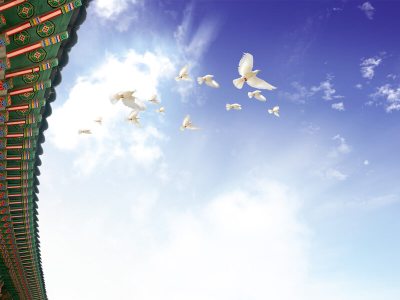Doves flying over temple roof