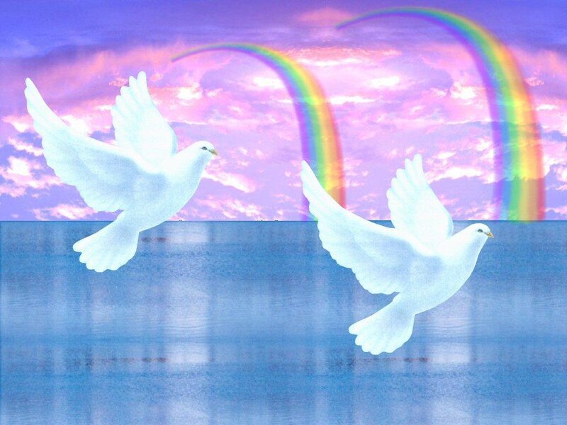 Doves flying over water with rainbows