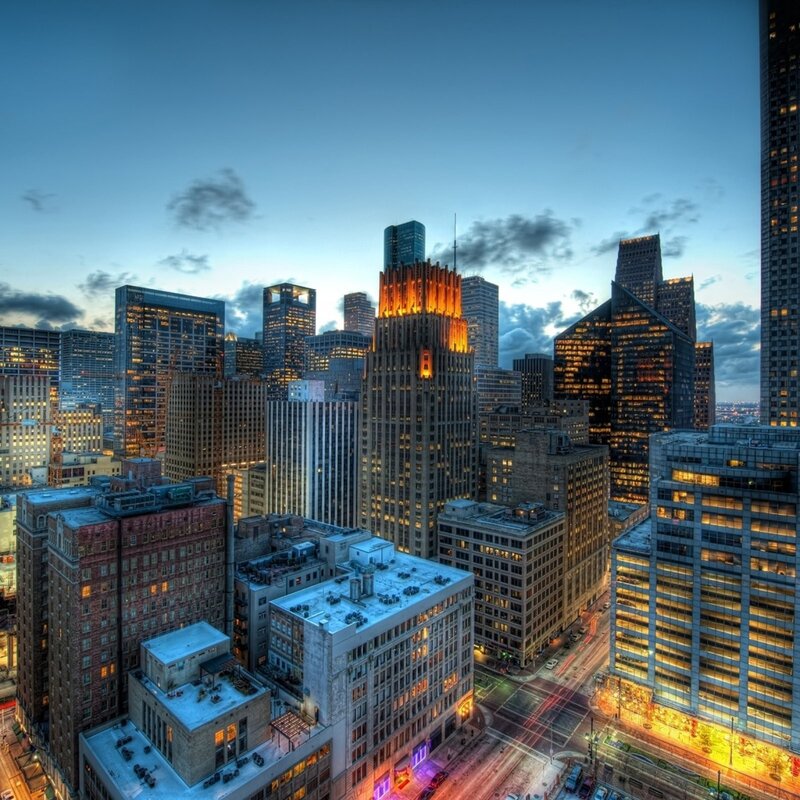 downtown city skyline at dusk