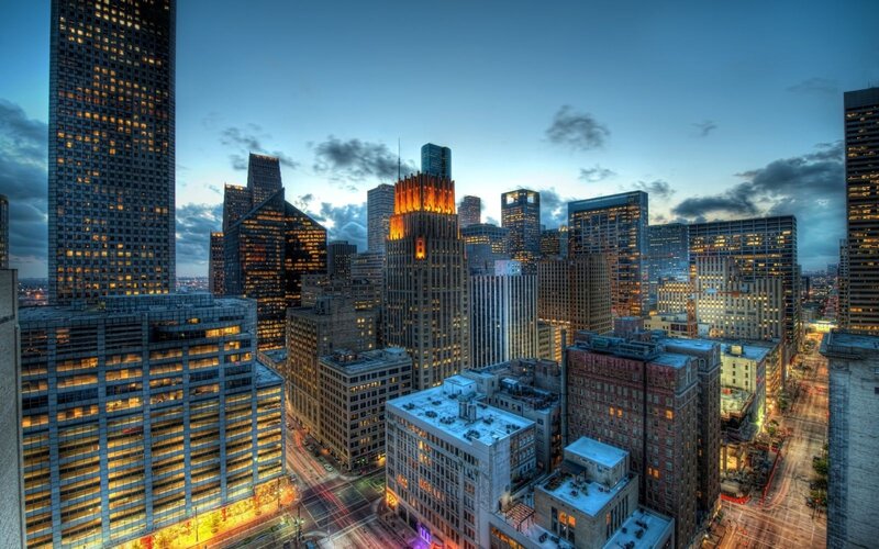 downtown city skyline at dusk