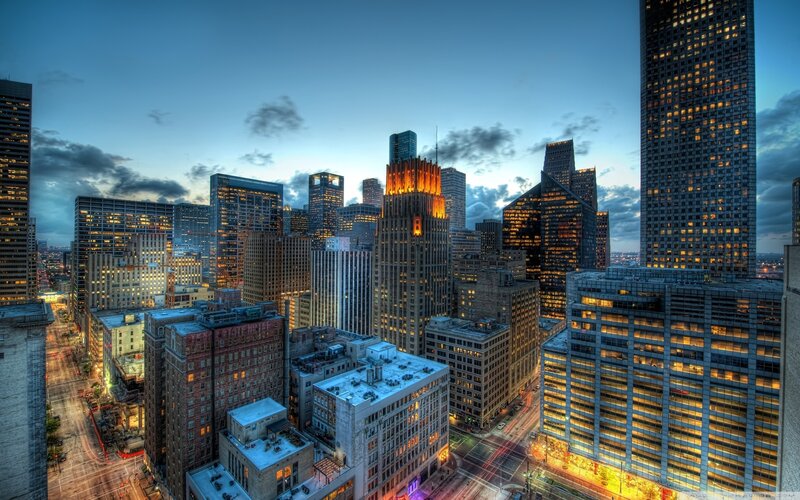 downtown city skyline at dusk