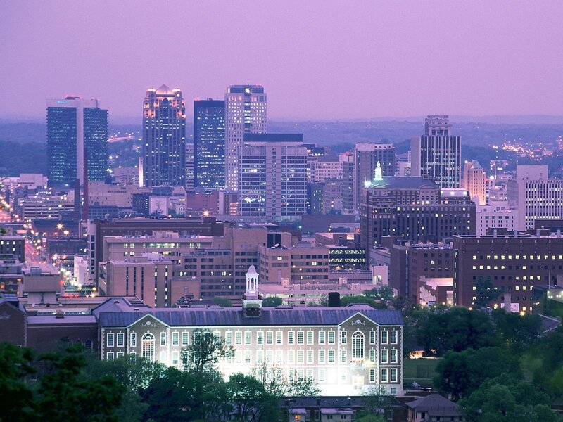 downtown city skyline at dusk
