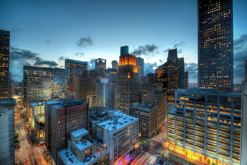 downtown city skyline at dusk
