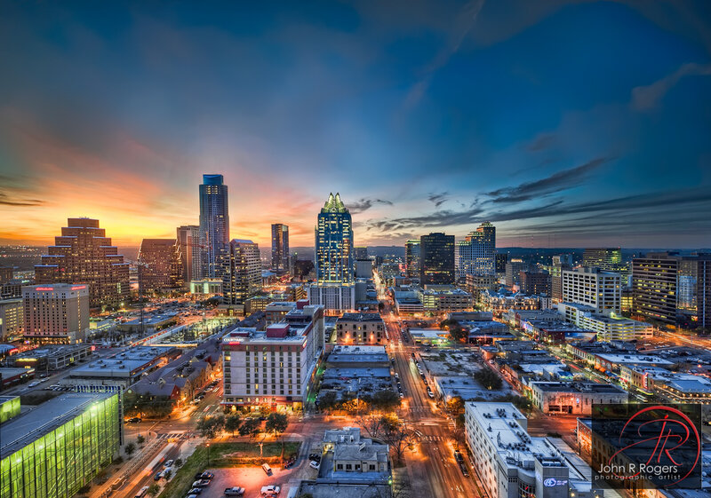 Downtown City Skyline — Blue, Dramatic, Sunset