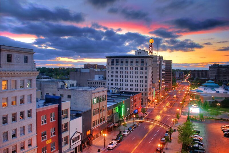Downtown cityscape at sunset