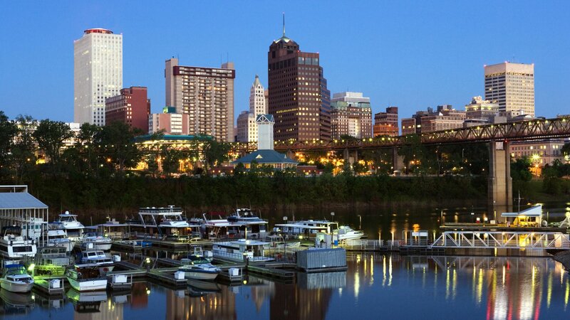 downtown riverfront at dusk