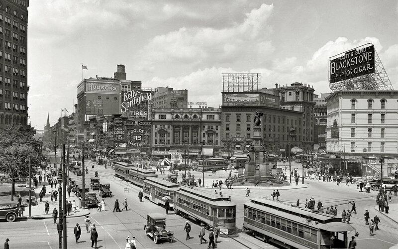 Downtown street scene with trolleys