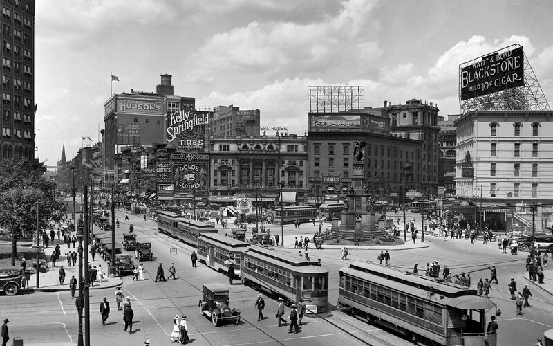 Downtown street scene with trolleys