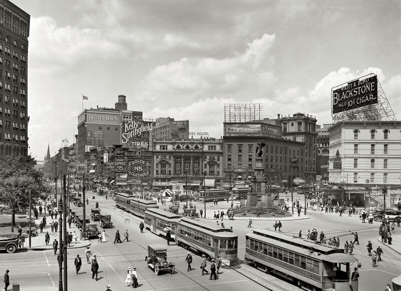 Downtown street scene with trolleys