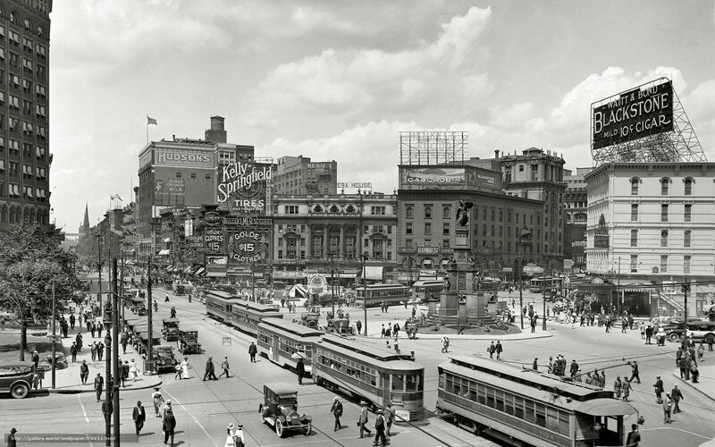 Downtown street scene with trolleys