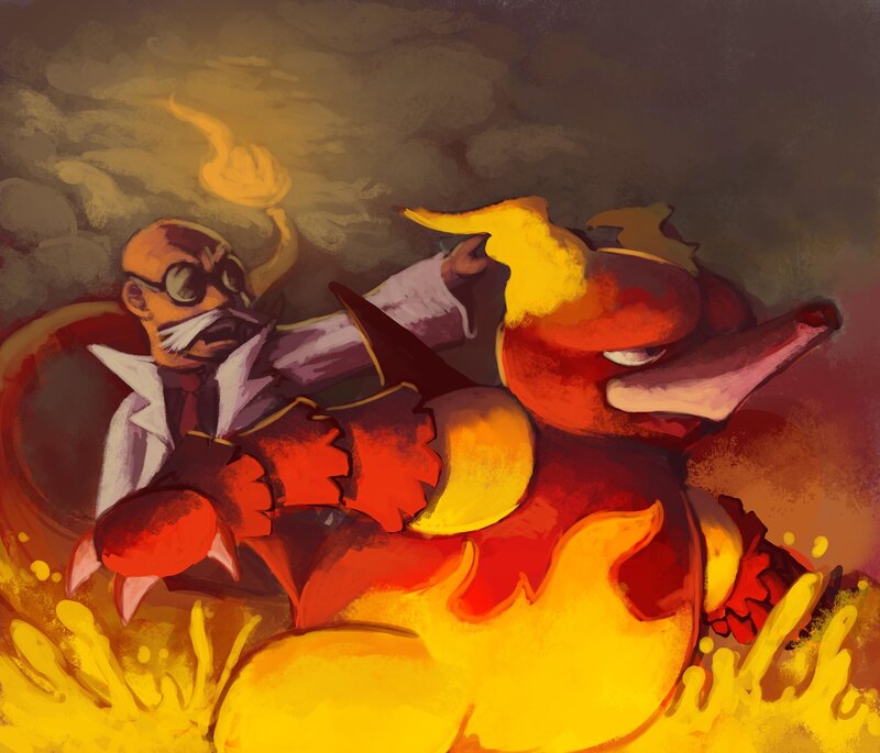 Dr. Eggman riding a fiery Pokémon