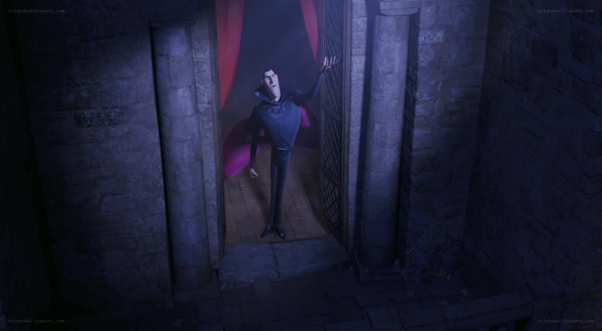 Dracula in a castle hallway