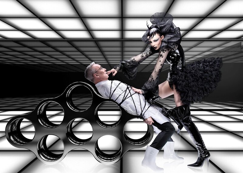 Drag queen and man in futuristic scene