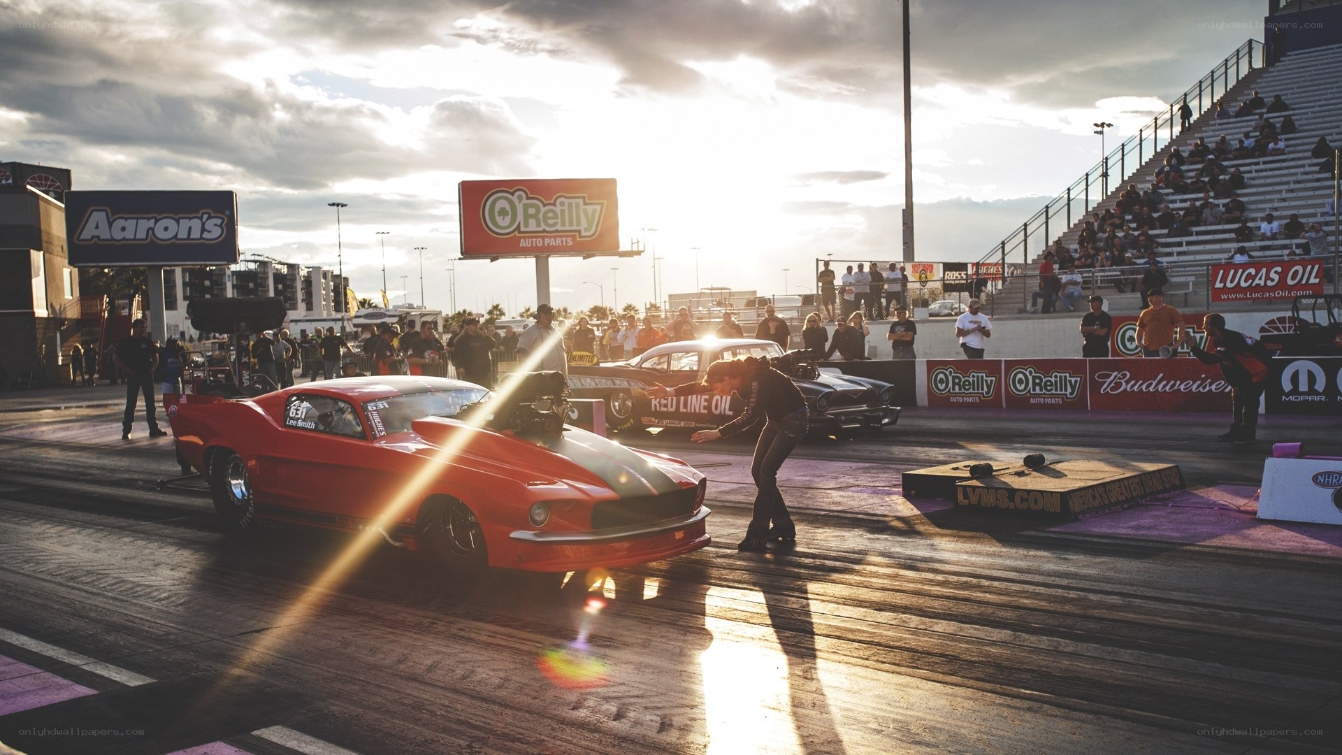 Drag racing at sunset