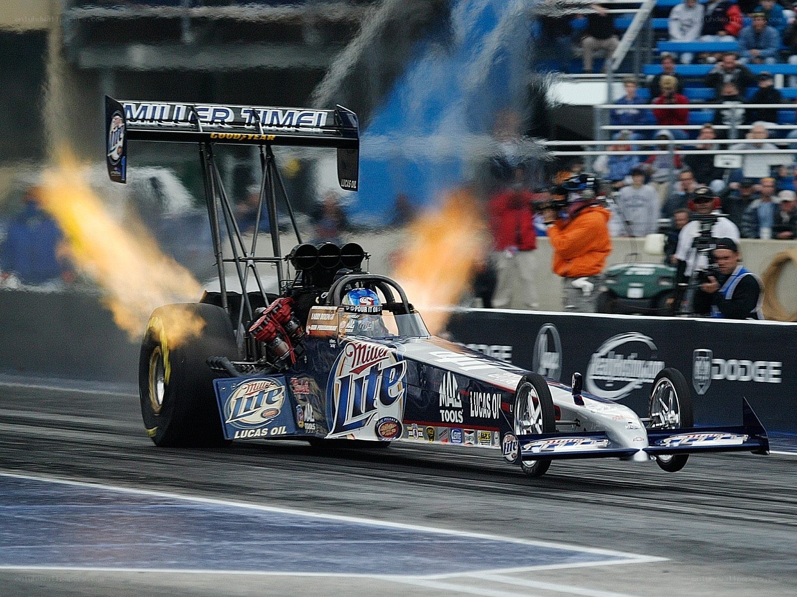 Drag racing car with flames