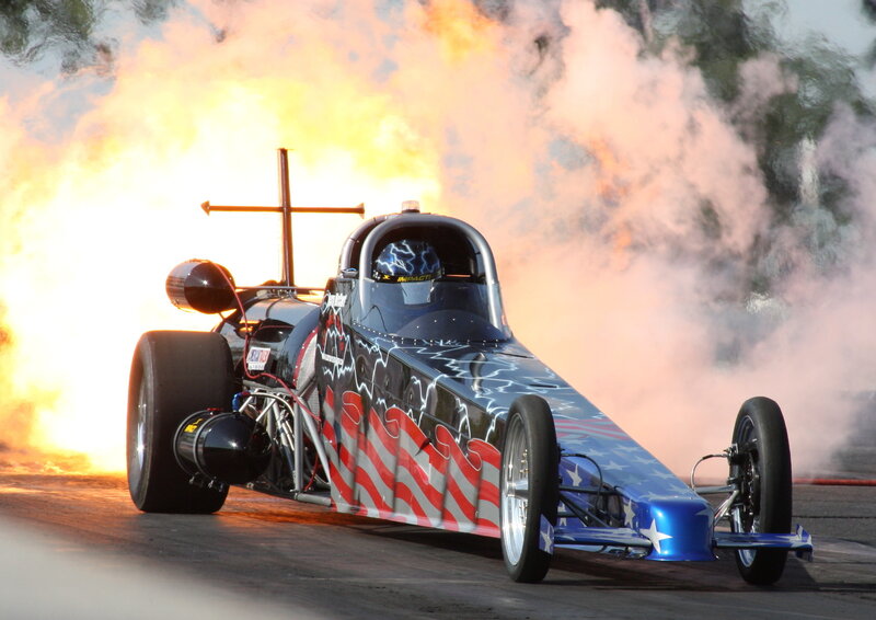 drag racing car with flames