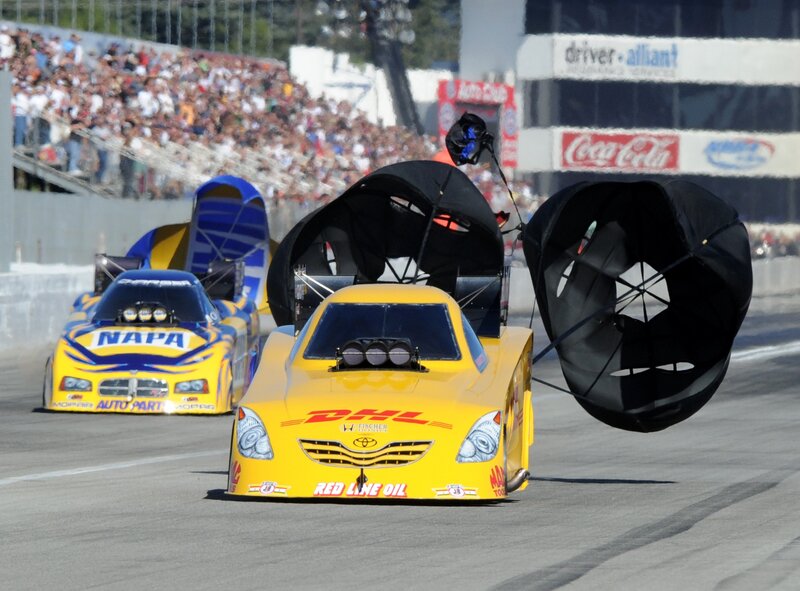 Drag racing cars on a track