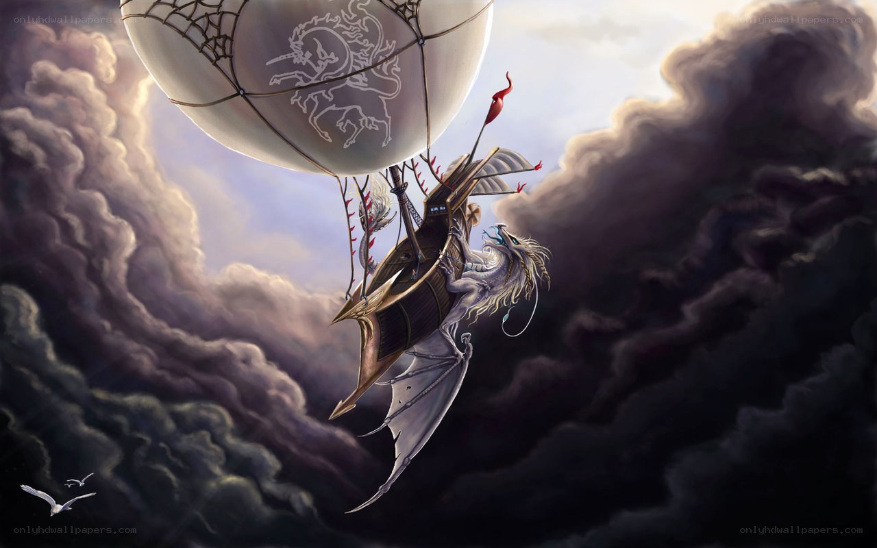 dragon airship in stormy sky