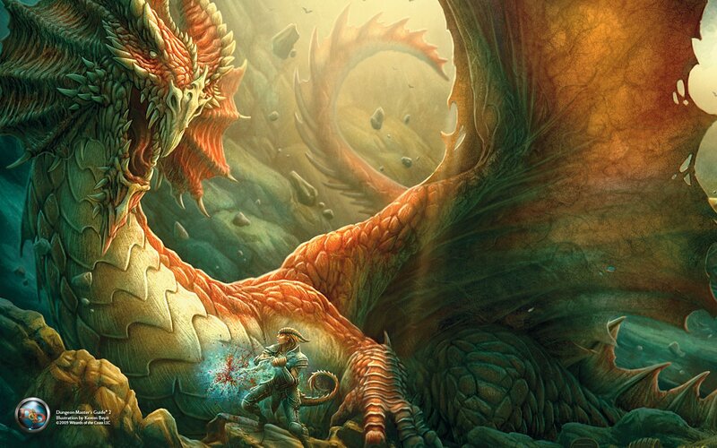 Dragon and adventurer in cave